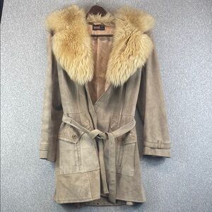 Vtg Penny Lane leather suede coat faux fur lapels 70’s groovy rare made in UK